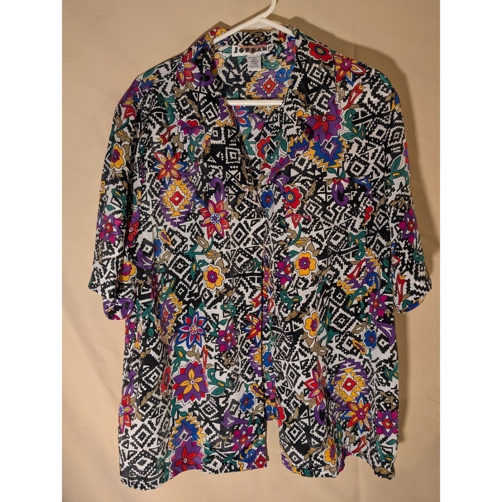 Jordan Women's Blouse 16W Black White Geometric‎ Floral Print Short Sleeve